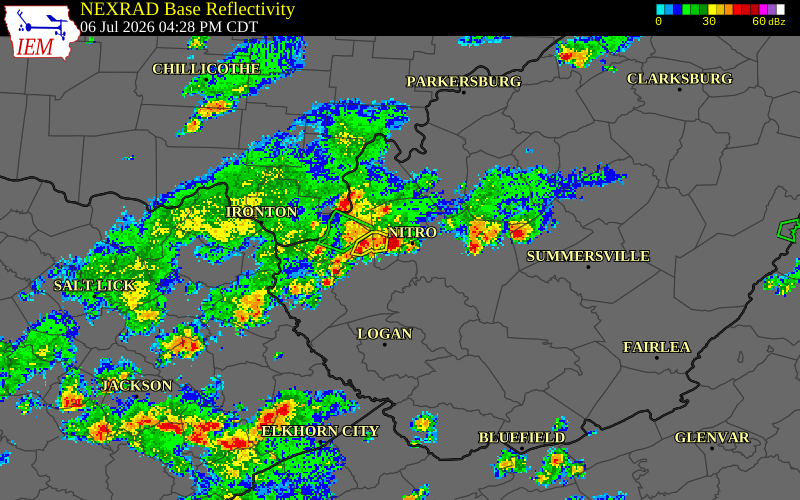 NEXRAD radar during the Monday, July 6, 2026 storm activity in Putnam County, West Virginia