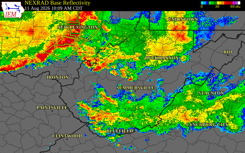 Radar snapshot during the Aug 11, 2026 wind event near Putnam County, Putnam County, West Virginia, with NWS warning polygons