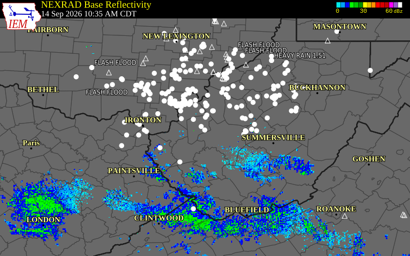 Current NEXRAD radar over Putnam County, West Virginia with recent storm report locations