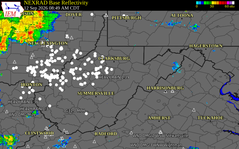 Current NEXRAD radar across West Virginia with recent storm report locations