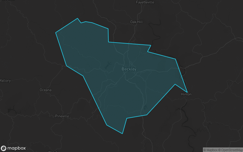 Map of Raleigh County, West Virginia showing the county boundary and surrounding cities