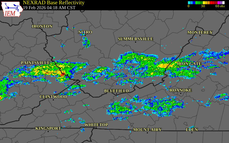 NEXRAD radar during the Thursday, February 19, 2026 storm activity in Raleigh County, West Virginia