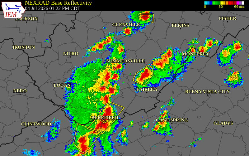 NEXRAD radar during the Saturday, July 4, 2026 storm activity in Raleigh County, West Virginia