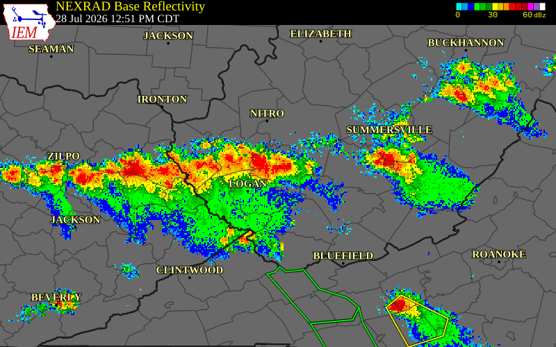 NEXRAD radar during the Tuesday, July 28, 2026 storm activity in Raleigh County, West Virginia