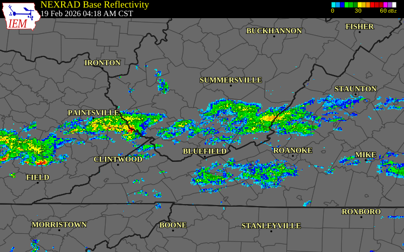 Radar snapshot during the Feb 19, 2026 wind event near Sophia, Raleigh County, West Virginia, with NWS warning polygons