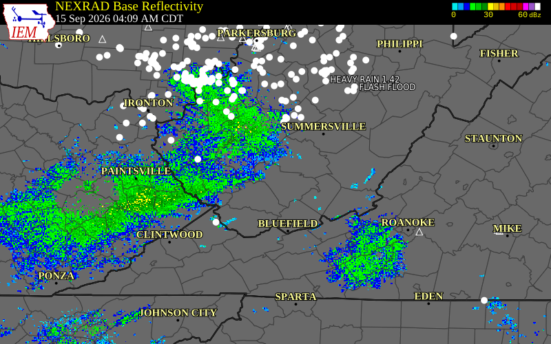 Current NEXRAD radar over Raleigh County, West Virginia with recent storm report locations