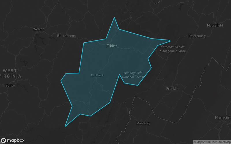 Map of Randolph County, West Virginia showing the county boundary and surrounding cities