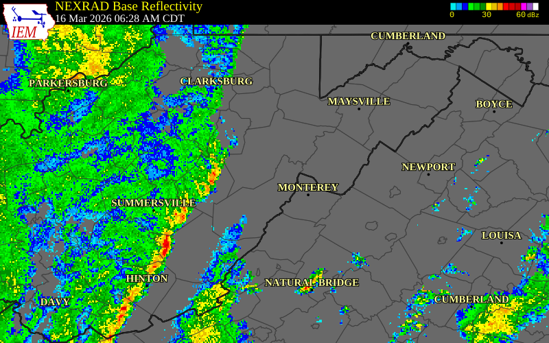 NEXRAD radar during the Monday, March 16, 2026 storm activity in Randolph County, West Virginia