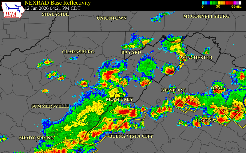 NEXRAD radar during the Friday, June 12, 2026 storm activity in Randolph County, West Virginia