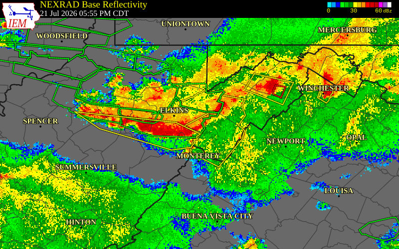 NEXRAD radar during the Tuesday, July 21, 2026 storm activity in Randolph County, West Virginia