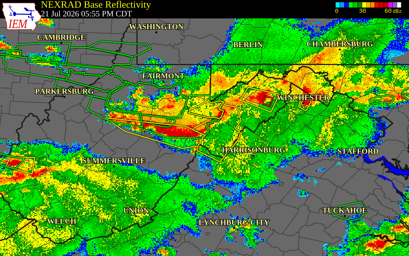 Radar snapshot during the Jul 21, 2026 tornado event near 2 WNW Whitmer, Randolph County, West Virginia, with NWS warning polygons