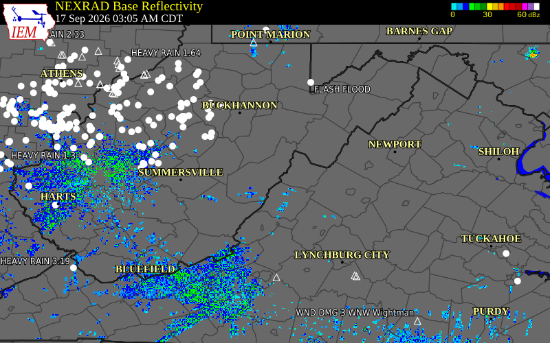 Current NEXRAD radar over Randolph County, West Virginia with recent storm report locations