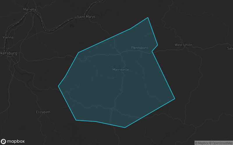 Map of Ritchie County, West Virginia showing the county boundary and surrounding cities