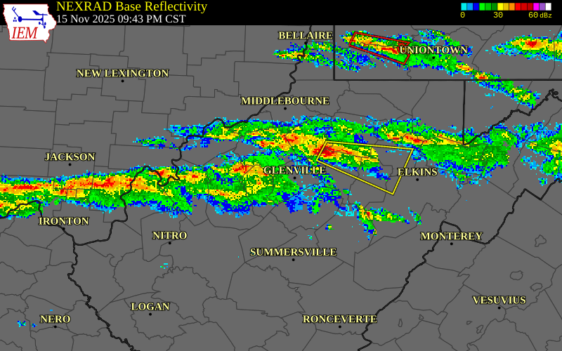 NEXRAD radar during the Saturday, November 15, 2025 storm activity in Ritchie County, West Virginia