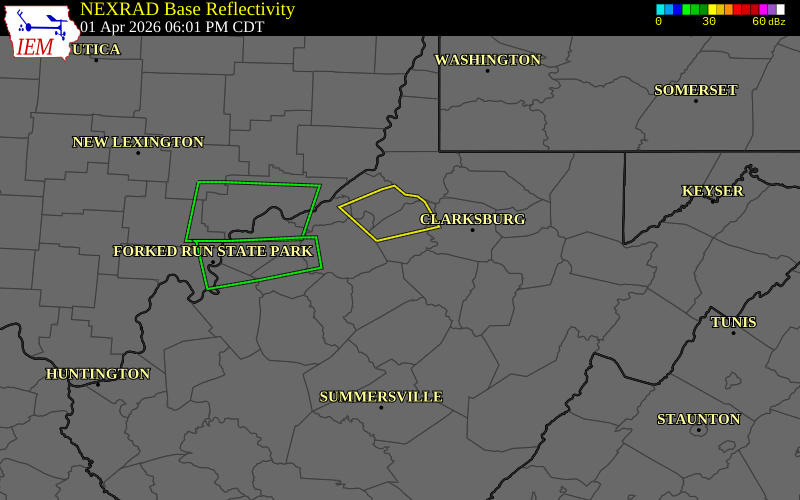 NEXRAD radar during the Wednesday, April 1, 2026 storm activity in Ritchie County, West Virginia