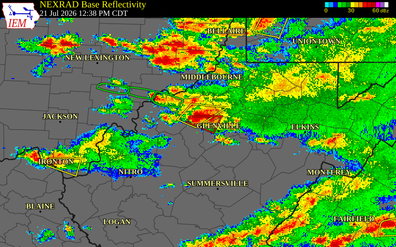 NEXRAD radar during the Tuesday, July 21, 2026 storm activity in Ritchie County, West Virginia