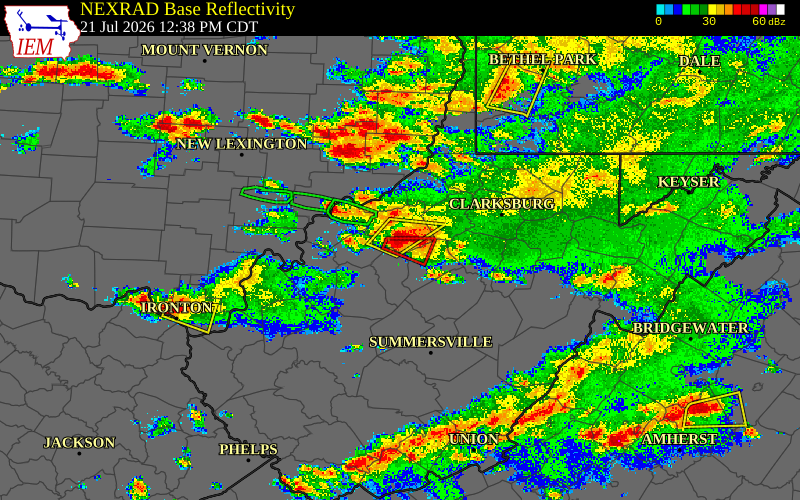 Radar snapshot during the Jul 21, 2026 tornado event near 7 N Grantsville, Ritchie County, West Virginia, with NWS warning polygons