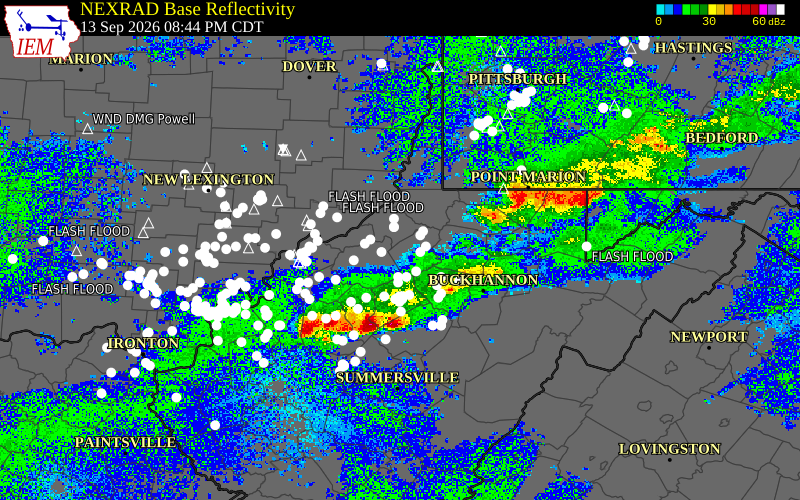 Current NEXRAD radar over Ritchie County, West Virginia with recent storm report locations