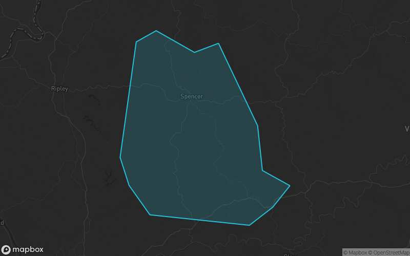 Map of Roane County, West Virginia showing the county boundary and surrounding cities