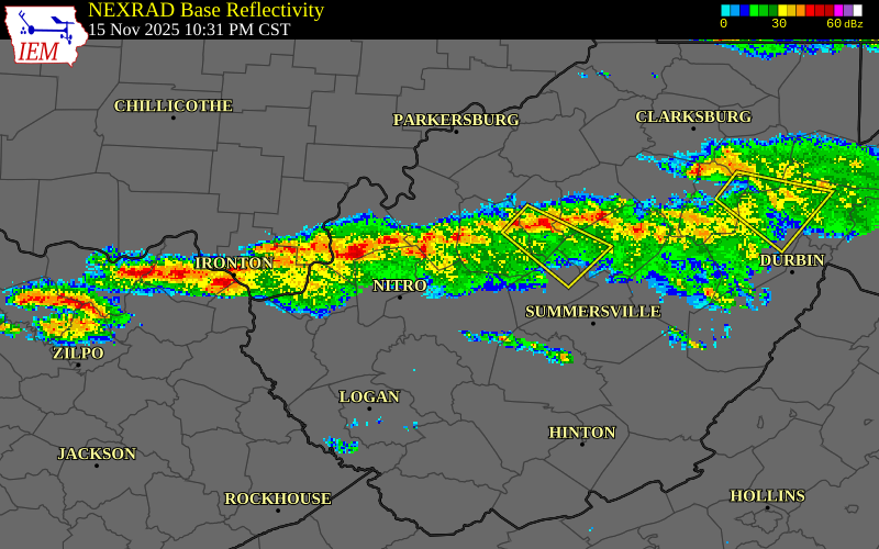 NEXRAD radar during the Saturday, November 15, 2025 storm activity in Roane County, West Virginia