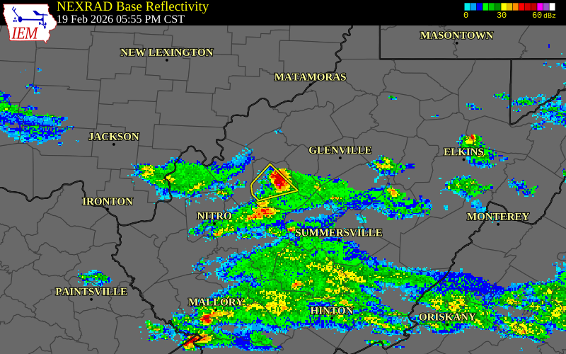 NEXRAD radar during the Thursday, February 19, 2026 storm activity in Roane County, West Virginia
