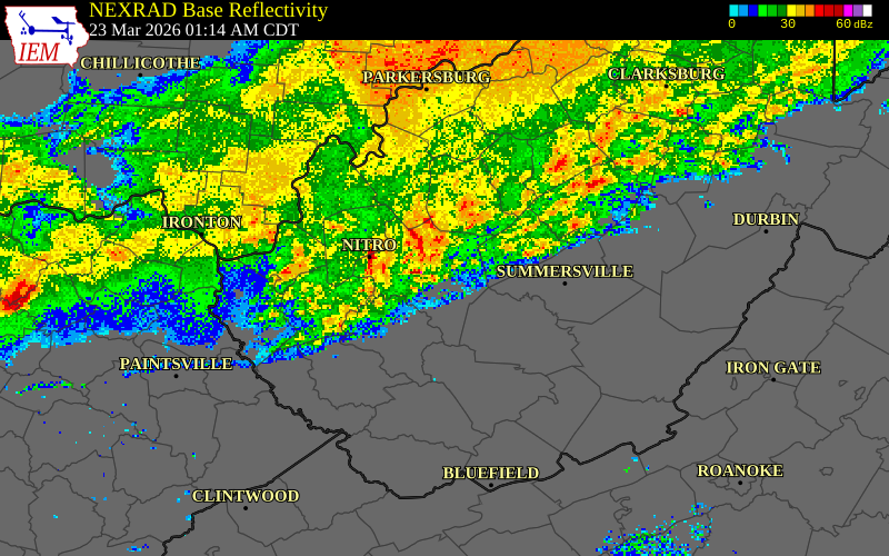 NEXRAD radar during the Monday, March 23, 2026 storm activity in Roane County, West Virginia