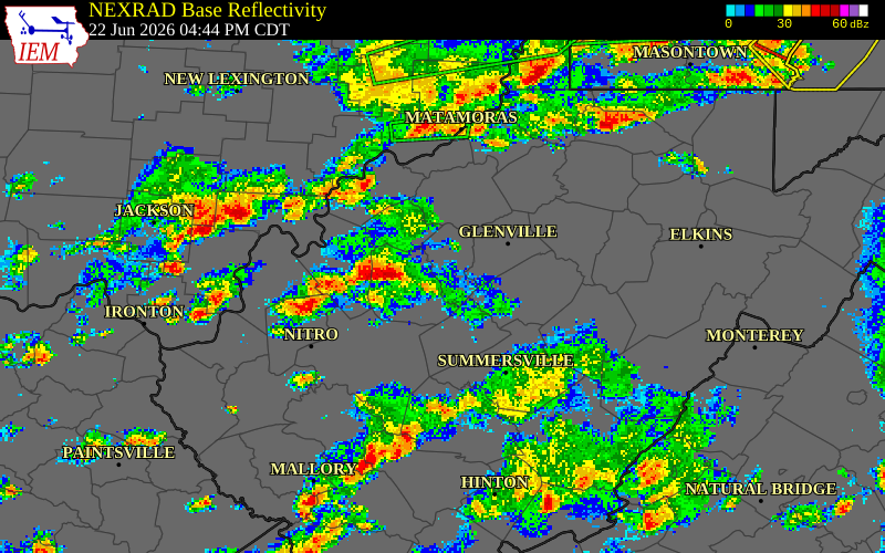 NEXRAD radar during the Monday, June 22, 2026 storm activity in Roane County, West Virginia