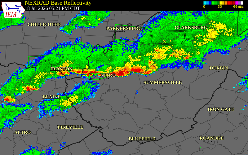 NEXRAD radar during the Saturday, July 18, 2026 storm activity in Roane County, West Virginia