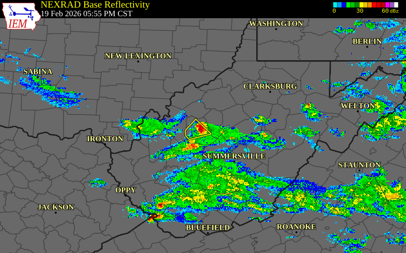 Radar snapshot during the Feb 19, 2026 hail event near 3 ESE Spencer, Roane County, West Virginia, with NWS warning polygons