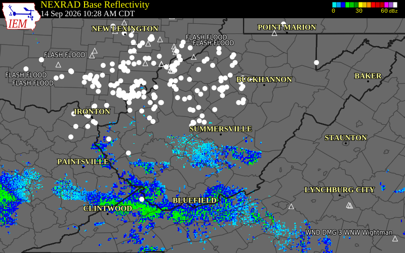 Current NEXRAD radar over Roane County, West Virginia with recent storm report locations
