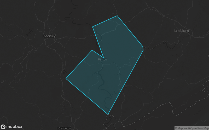 Map of Summers County, West Virginia showing the county boundary and surrounding cities