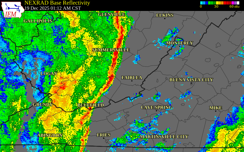 NEXRAD radar during the Friday, December 19, 2025 storm activity in Summers County, West Virginia