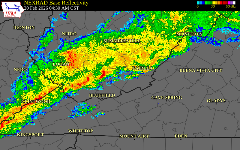 NEXRAD radar during the Friday, February 20, 2026 storm activity in Summers County, West Virginia