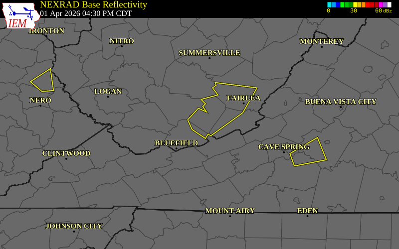 NEXRAD radar during the Wednesday, April 1, 2026 storm activity in Summers County, West Virginia