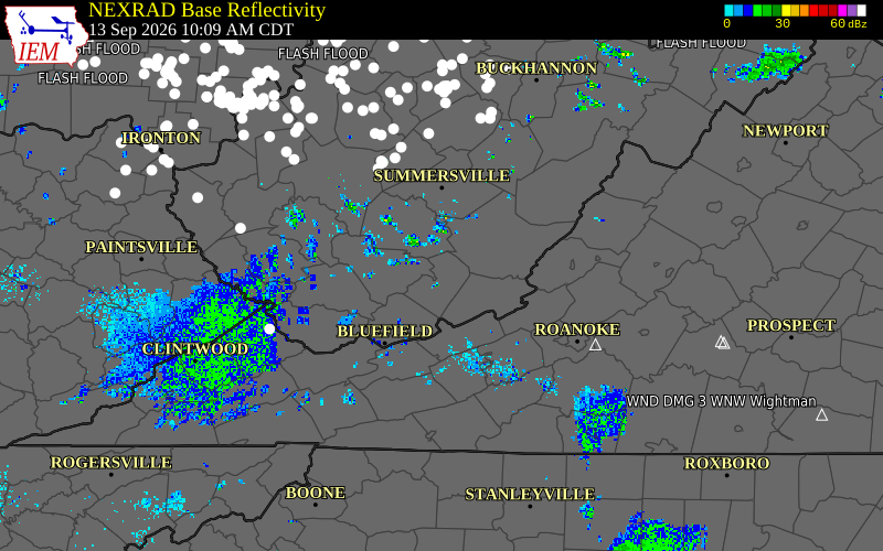Current NEXRAD radar over Summers County, West Virginia with recent storm report locations