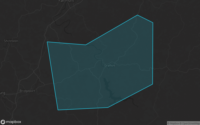 Map of Taylor County, West Virginia showing the county boundary and surrounding cities