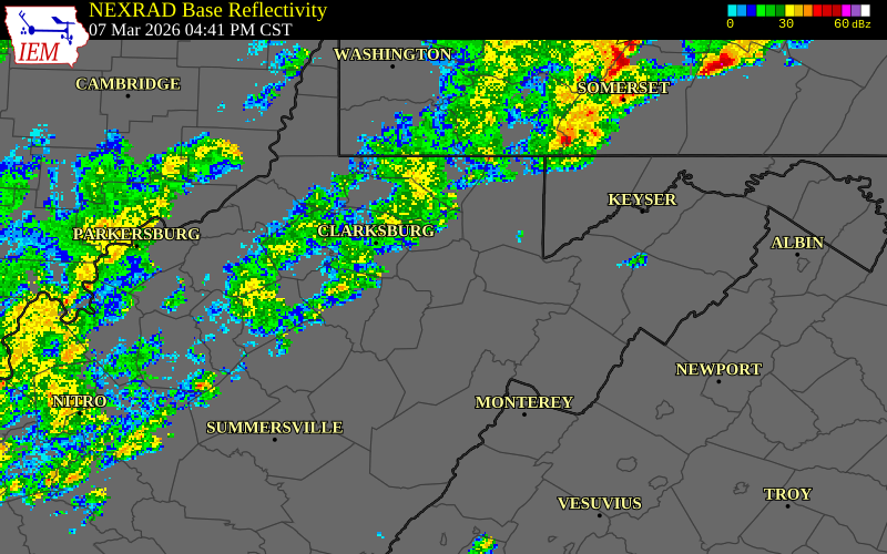 NEXRAD radar during the Saturday, March 7, 2026 storm activity in Taylor County, West Virginia