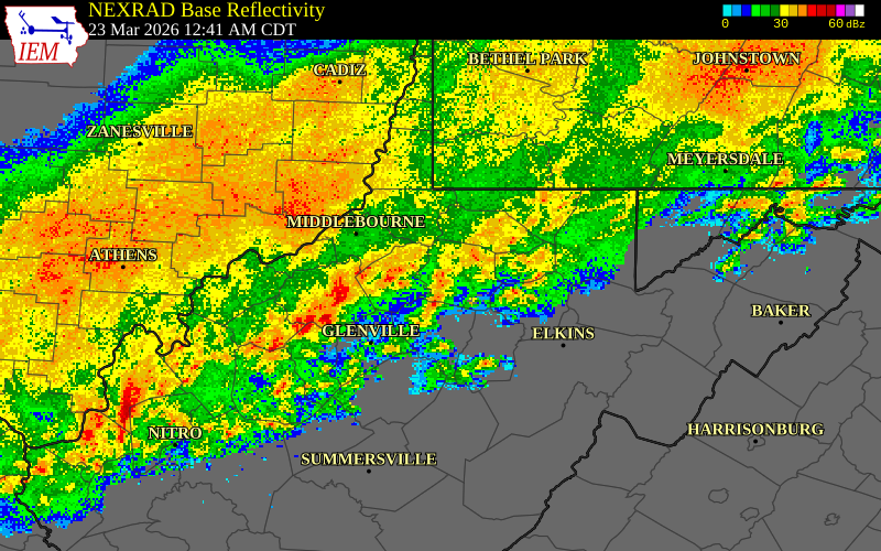 NEXRAD radar during the Monday, March 23, 2026 storm activity in Taylor County, West Virginia