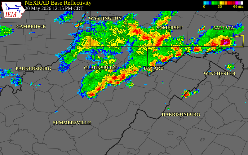 NEXRAD radar during the Wednesday, May 20, 2026 storm activity in Taylor County, West Virginia