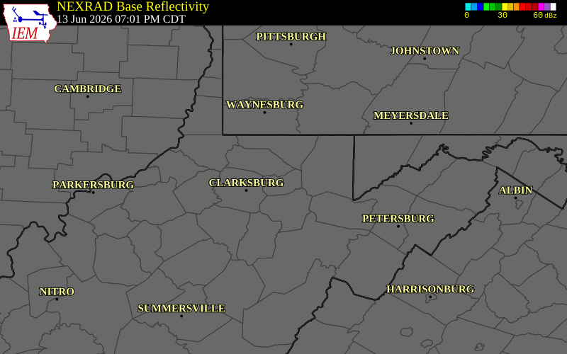 NEXRAD radar during the Saturday, June 13, 2026 storm activity in Taylor County, West Virginia