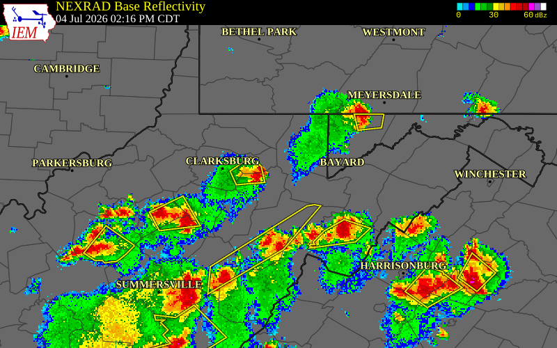 NEXRAD radar during the Saturday, July 4, 2026 storm activity in Taylor County, West Virginia