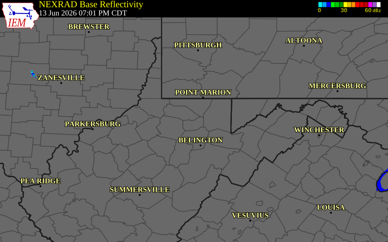 Radar snapshot during the Jun 13, 2026 wind event near 4 NNW Grafton, Taylor County, West Virginia, with NWS warning polygons