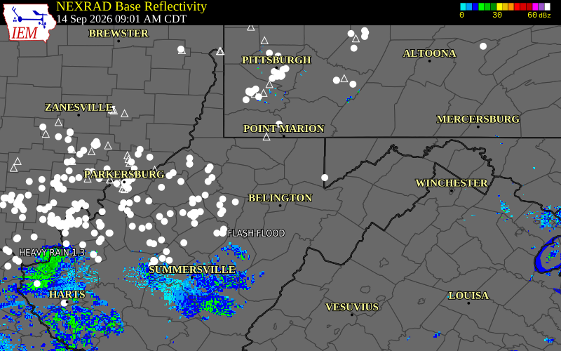 Current NEXRAD radar over Taylor County, West Virginia with recent storm report locations