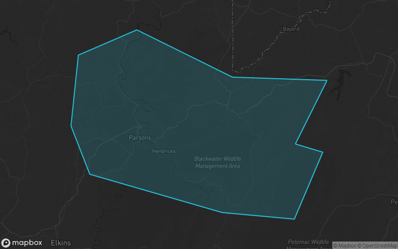 Map of Tucker County, West Virginia showing the county boundary and surrounding cities