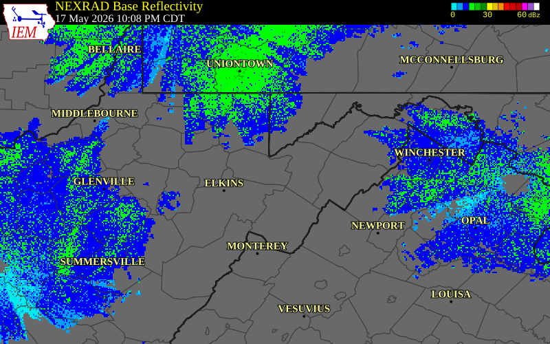 NEXRAD radar during the Sunday, May 17, 2026 storm activity in Tucker County, West Virginia