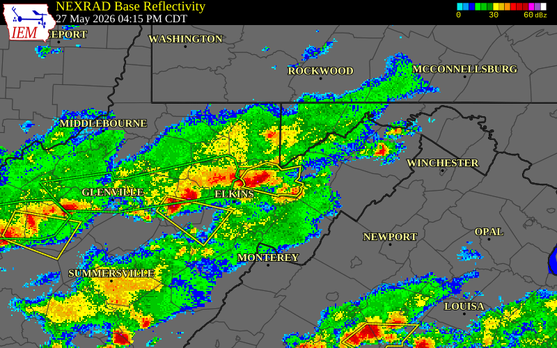 NEXRAD radar during the Wednesday, May 27, 2026 storm activity in Tucker County, West Virginia