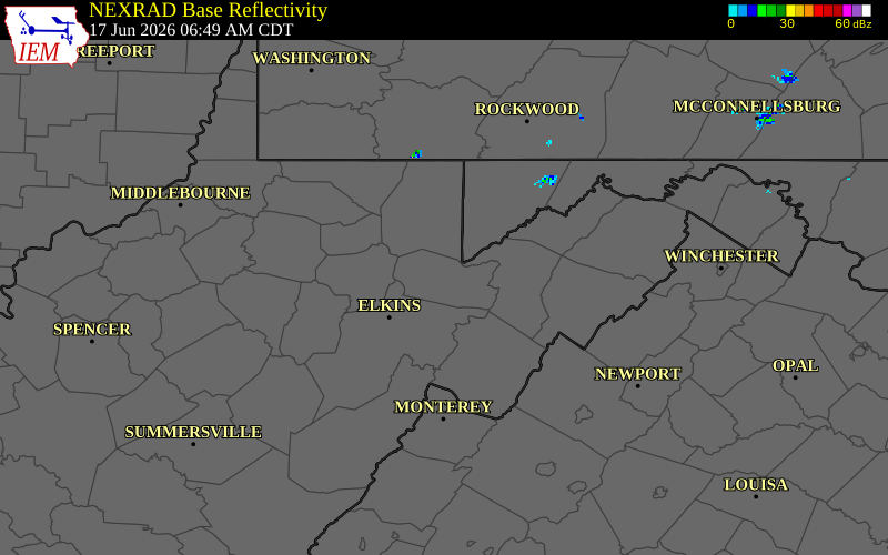 NEXRAD radar during the Wednesday, June 17, 2026 storm activity in Tucker County, West Virginia