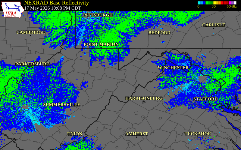 Radar snapshot during the May 17, 2026 wind event near 1 SSW Canaan Hgts, Tucker County, West Virginia, with NWS warning polygons