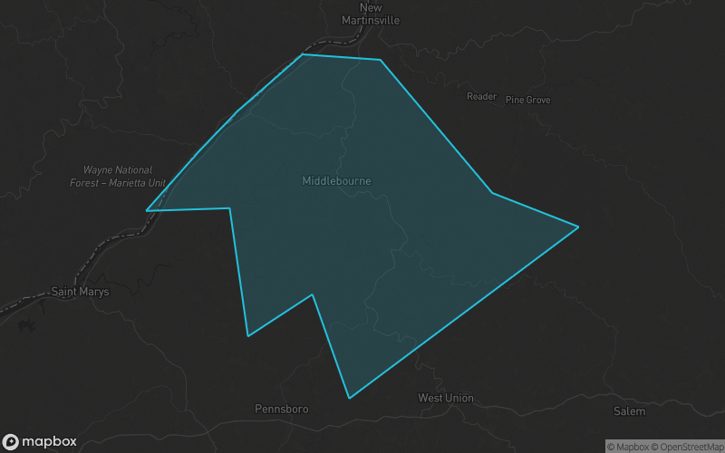 Map of Tyler County, West Virginia showing the county boundary and surrounding cities
