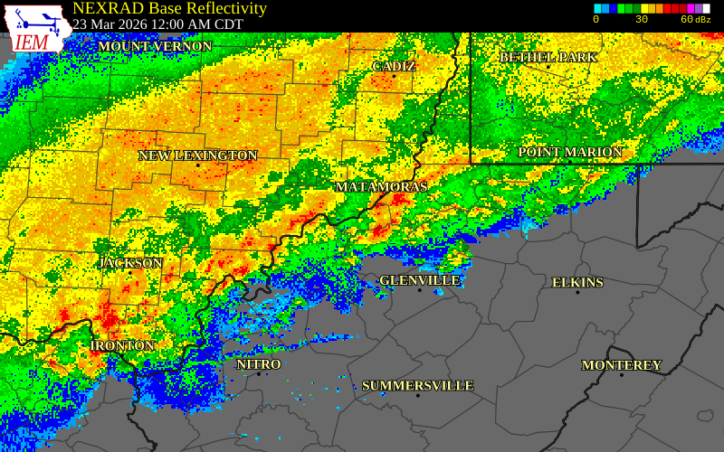 NEXRAD radar during the Monday, March 23, 2026 storm activity in Tyler County, West Virginia